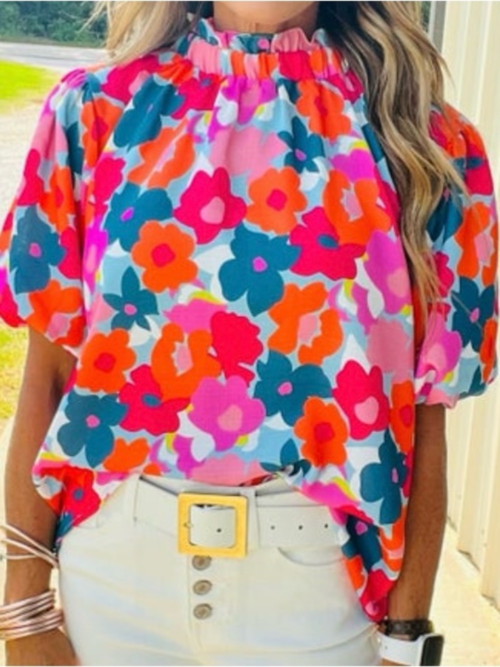 Peach Love California Bright Floral Ruffle-Neck Blouse - Pink Orange Teal